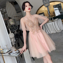 Chic Sequin Appliques Blush Cute Homecoming Dress with Sleeves Sexy V neck Short Prom Party Dress TB7331|Annapromdress