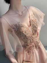 Chic Sequin Appliques Blush Cute Homecoming Dress with Sleeves Sexy V neck Short Prom Party Dress TB7331|Annapromdress