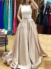 Two Piece Prom Dresses Halter Sweep Train Prom Dress with Appliques Pockets annapromdress
