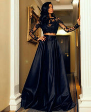 Two Piece Prom Dresses Long Sleeves Lace Black Evening Dress