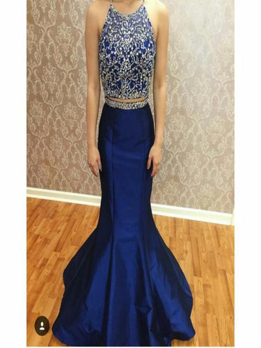 Two Piece Prom Dresses,Beading Royal Blue Prom Gown annapromdress.com