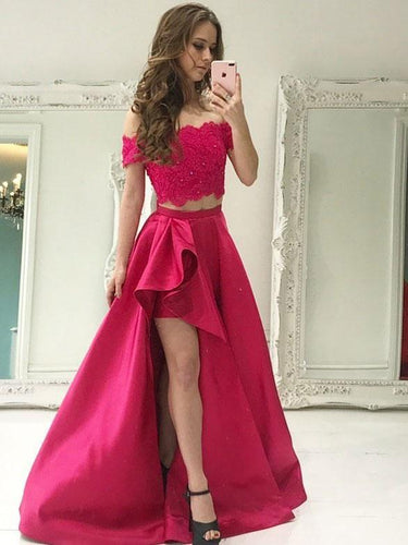 Two Piece Prom Dresses  Off the Shoulder Lace Appliqued Prom Dress