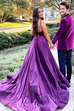 V Neck Backless Purple Satin Long Prom Dress with High Slit GJS702