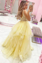 Yellow Tulle Lace V Neck Layered Long Prom Formal Dress GJS458