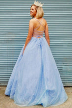 Elegant A-line V Neck Light Blue Backless Long Prom Evening Dresses GJS238