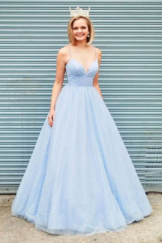 Elegant A-line V Neck Light Blue Backless Long Prom Evening Dresses GJS238