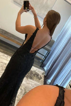 V Neck Mermaid Black Lace Long Prom Dress, Mermaid Black Formal Dress GJS699