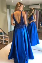 V Neck Open Back Blue Beaded Long Prom Dress, Open Back Blue Formal Dress GJS379