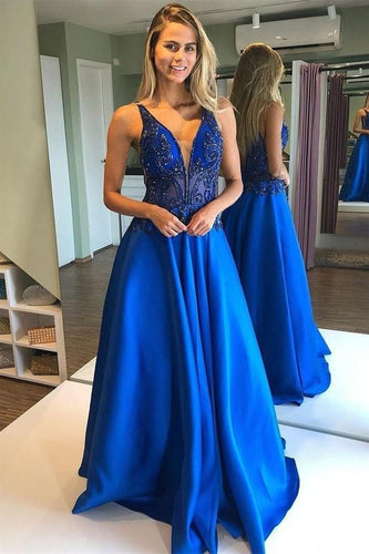 V Neck Open Back Blue Beaded Long Prom Dress, Open Back Blue Formal Dress GJS379