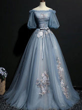 Vintage Princess Off Shoulder Dusty Blue Appliques Ball Gown Prom Dresses GJS423