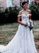 Alluring Off-the-shoulder A-line Wedding Dresses Lace Appliqued Gowns JKB5101|Annapromdress