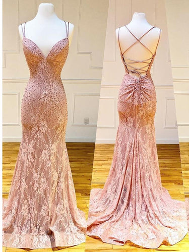 Mermaid/Trumpet Prom Dress Spaghetti Straps Pink Lace Evening Dress JKZ87123|Annapromdress