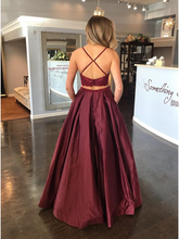 A-Line Burgundy Satin Lace Top Spaghetti Straps Two Piece Prom Dress JKZ8611