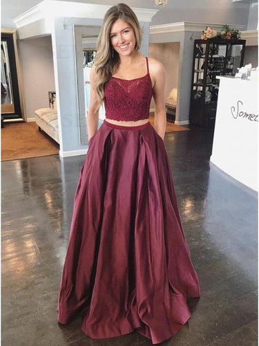 A-Line Burgundy Satin Lace Top Spaghetti Straps Two Piece Prom Dress JKZ8611