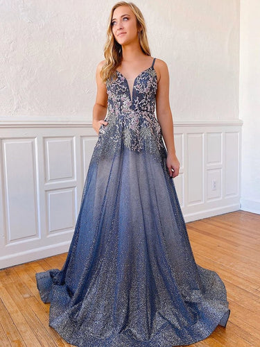 A-Line Spaghetti Straps V-neck Beaded Sparkle Prom Dress JKZ8612|Annapromdress