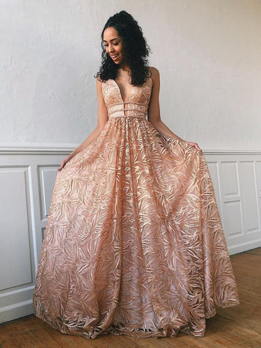 Luxury Lace Sexy Deep V-neck A-Line Long Prom Dress JKZ8614|Annapromdress