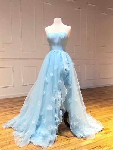 Sky Blue Tulle 3D Appliques A-Line Strapless Long Prom Dress JKZ8615|Annapromdress