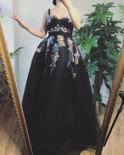 A-Line Sweetheart Black Tulle Embroidery Long Prom Dress Formal Evening Gows JKQ112|Annapromdress