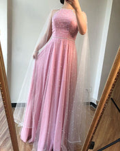A-line Pink Tulle Pearls Jewel Neckline Long Prom Dress Formal Evening Gowns JKQ111|Annapromdress