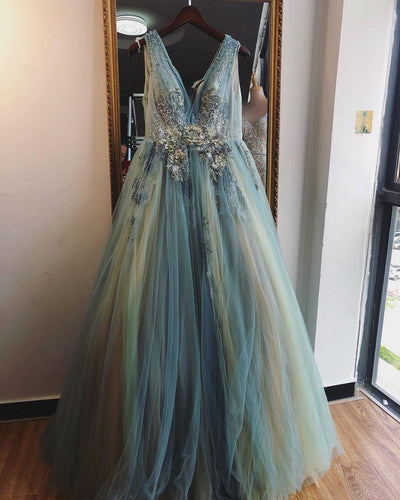 A-Line Tulle Appliques V-neck Long Prom Dress Formal Evening Gowns JKZ8718|Annaprmdress