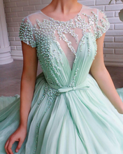 Mint Green Tulle Beaded A-Line Short Sleeves Long Prom Dress with Slit JKZ8721|SAnnapromdress