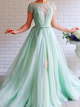 Mint Green Tulle Beaded A-Line Short Sleeves Long Prom Dress with Slit JKZ8721|SAnnapromdress