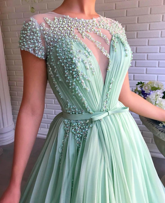 Mint Green Off the Shoulder Short Sleeves Long Trumpet Prom Dress