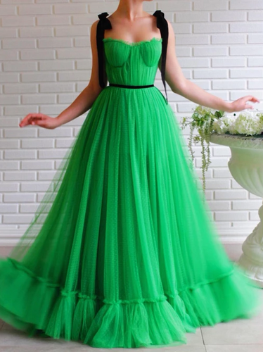 Green Tulle Spaghetti Straps Sweetheart A-Line Long Prom Dress JKZ8720|Annapromdress