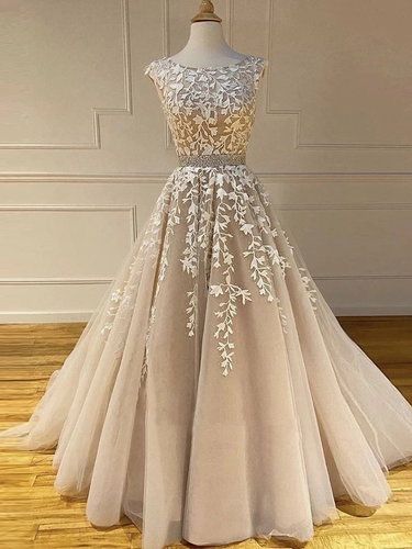 A-Line Modest Tulle Appliques Chic Scoop Cap Sleeves Long Prom Dress JKZ8714|Annapromdress