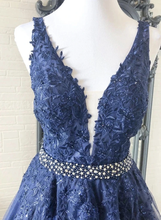 Navy Blue Tulle Appliques Sexy V-neck A-Line Long Prom Dress JKZ8715|Annapromdress