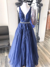 Navy Blue Tulle Appliques Sexy V-neck A-Line Long Prom Dress JKZ8715|Annapromdress
