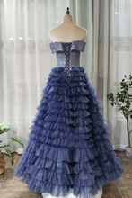 Off-the-Shoulder Navy Blue Tulle Ruffles A-Line Long Prom Dress JKZ8716|Annapromdress