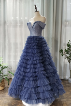 Off-the-Shoulder Navy Blue Tulle Ruffles A-Line Long Prom Dress JKZ8716|Annapromdress