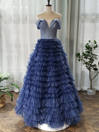 Off-the-Shoulder Navy Blue Tulle Ruffles A-Line Long Prom Dress JKZ8716|Annapromdress