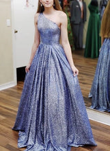 A-Line One Shoulder Navy Blue Tulle Sparkle Prom Dress JKQ110|Annapromdress