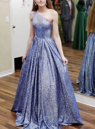 A-Line One Shoulder Navy Blue Tulle Sparkle Prom Dress JKQ110|Annapromdress