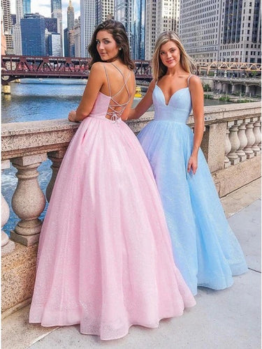 A-Line V-neck Spaghetti Straps Pink Tulle Long Prom Dress JKQ122