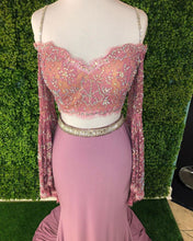 Sheath/Column Prom Dress Off-the-Shoulder Long Sleeve Two Piece Prom Dress JKQ120