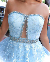 A-Line Sky Blue Lace Strapless Long Prom Dress JKQ114|Annapromdress