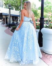 A-Line Sky Blue Lace Strapless Long Prom Dress JKQ114