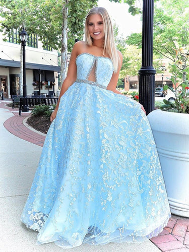 A-Line Sky Blue Lace Strapless Long Prom Dress JKQ114|Annapromdress