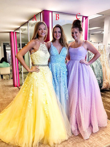 A-Line Chic Spaghetti Straps Lace Appliques Long Prom Dress JKQ113|Annapromdress