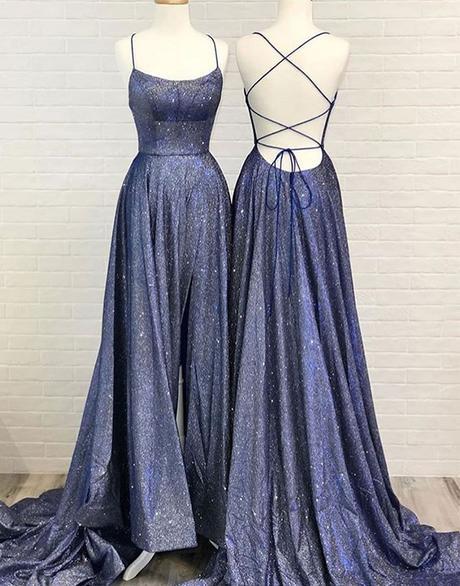 A-line Unique Backless Long Prom Dress Davy Blue Evening Dress JKP404|Annapromdress
