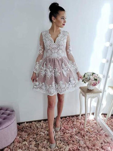 V neck Long Sleeve Lace Homecoming Dress Short Prom Dresses ANN146