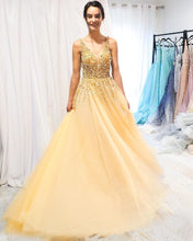 A-line V neck Yellow Sparkly Long Prom Dresses Gorgeous Formal Dresses NA4001|Annapromdress