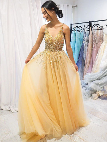 A-line V neck Yellow Sparkly Long Prom Dresses Gorgeous Formal Dresses NA4001|Annapromdress
