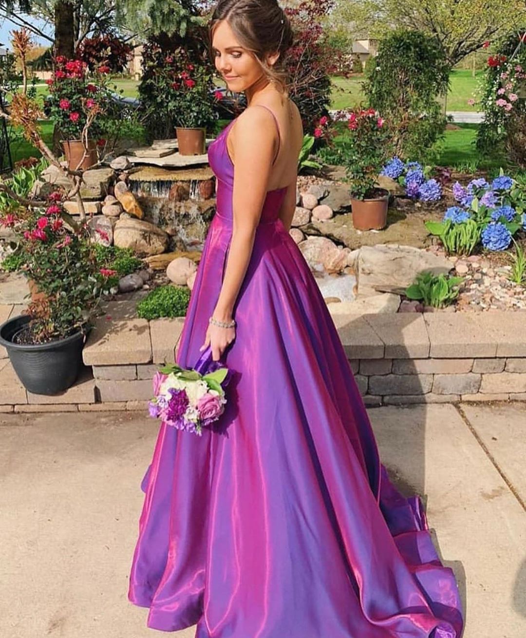 A-line Spaghetti Straps Grape Long Satin Prom Dresses Lace Top  cg20474