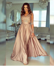 A-line V neck Long Sleeve Prom Dresses Lace Formal Gowns JKP402