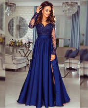 A-line V neck Long Sleeve Prom Dresses Lace Formal Gowns JKP402