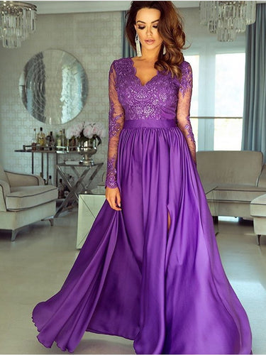 A-line V neck Long Sleeve Prom Dresses Lace Formal Gowns JKP402|Annapromdress